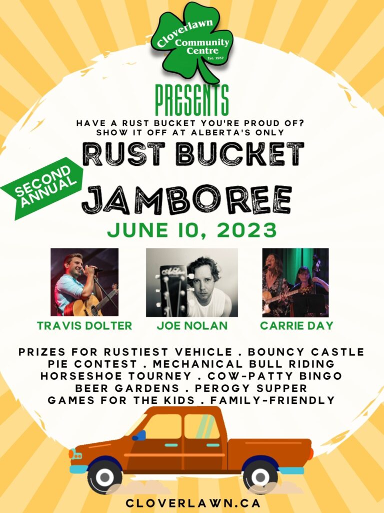 Poster describing musical artists, events, contests and games happening at the Rust Bucket Jamboree on June 10, 2023